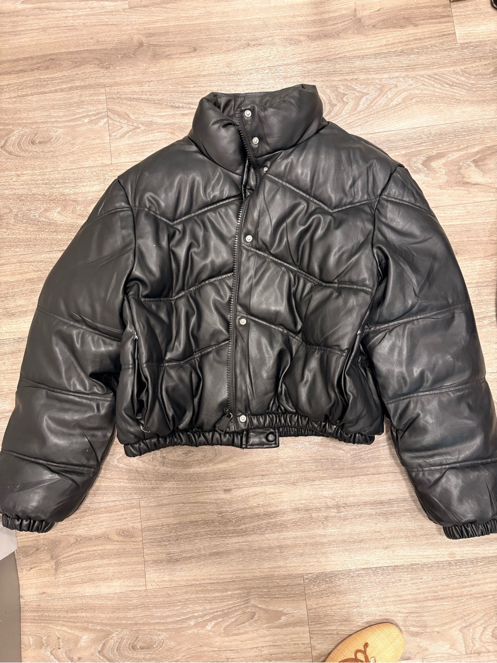 Black Puffer Leather Jacket - Women's Short Quilted Coat